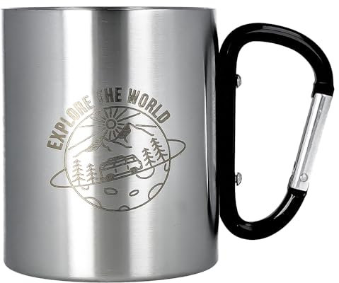 Spruchreif | Doppelwandige Edelstahltasse mit Karabinerhaken und hochwertiger Gravur | Outdoor Gadgets | Geschenk Camping | „Explore the world“ - 300 ml