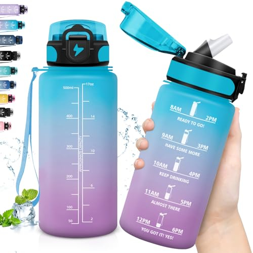 Grsta Trinkflasche, 500ml Trinkflasche Kinder, Trinkflasche mit Strohhalm, Auslaufsicher, Trinkflasche für Kohlensäurehaltige Getränke, Leicht zu Reinigen, Wasserflasche für Schule, Fahrrad, Gym