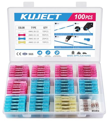 Kuject 100stk Quetschverbinder Set Kabelverbinder Stoßverbinder Wasserdicht Schrumpfverbinder 10-26 AWG Stossverbinder