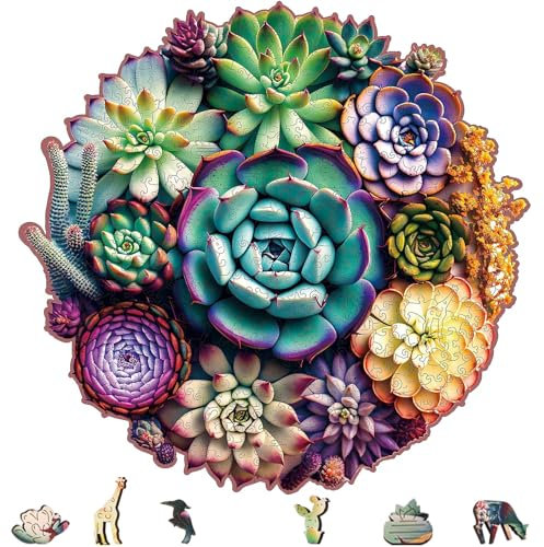 Wooden Jigsaw Puzzles - Mandala Succulent Plants, 1000 Piece Luxurious Shaped Wooden Puzzles for Adults and Kids, Family Game, 23.4'' x 22.6''