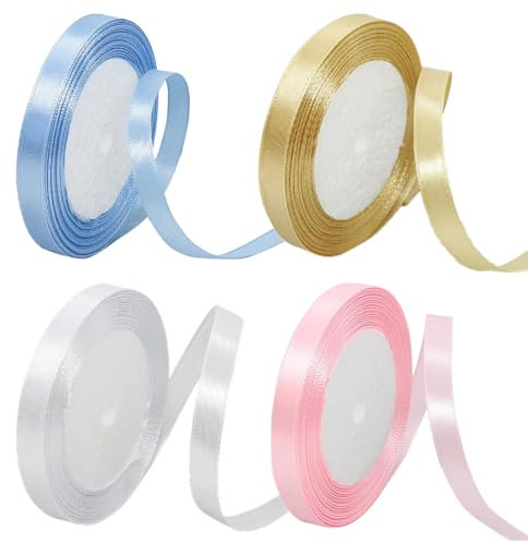 4 Rotoli Nastro di Raso 10mm x 22m Nastri Raso Bomboniere Matrimonio, Nastri Nastro per l'imballaggio di Regali, Mazzi Di Fiori, Palloncini, Festa Nuziale (Bianco, Rosa, Blu, Champagne Oro)
