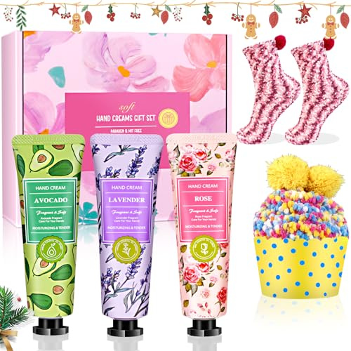 Geschenke für Frauen, Weihnachtsgeschenke Set 3 Weihnachten Handcreme u 2 Paar Kuschelsocken Damen,Handcreme Set Kleine Adventskalender Geschenkset für Freundin Mama Geburtstags Jahrestag Valentinstag