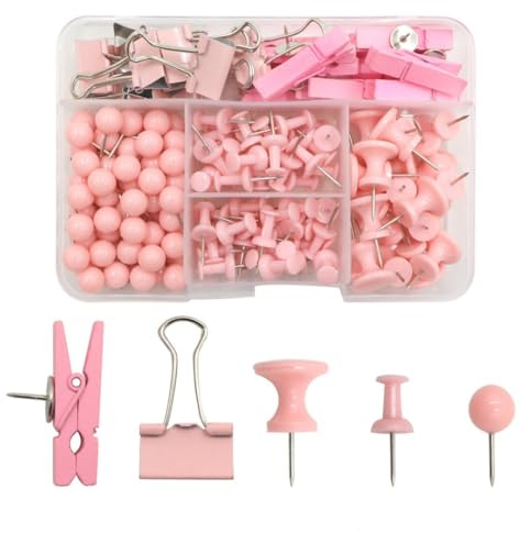 Pmnzdy Rosa Pinnnadeln Set 200 Stück Stecknadeln mit Holzklammern Push Pins Karte Nagel Pinnadeln Stecknadeln Reißnägel Binder Clips 5 Stil Bürobedarf Set für Korktafeln Homeoffice-Schule Pinnwand