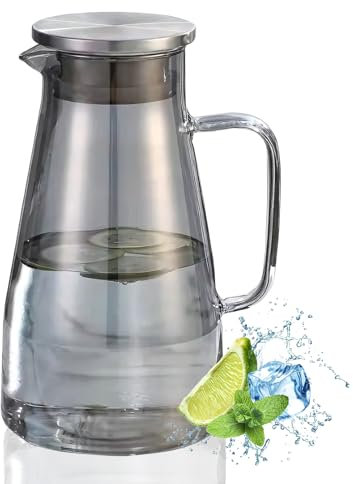 AstraLoom 1800ml Glass Jug with Handle and Stainless Steel Lid, Hot/Cold Dual Use Water Pitcher, Dishwasher Safe, Suitable for Juice/Milk/Coffee/Tea (Grey)