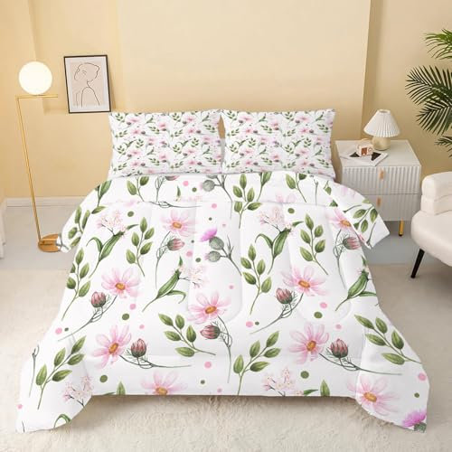 Grüne Blätter Bettdecke 135x200 4 Jahreszeiten, Wende Steppdecke 135x200, Warme Ganzjahresdecke Rosa Blumen Bettdecke ohne Bezug Waschbar Schlafdecke mit 2 Kissenbezug 80x80cm