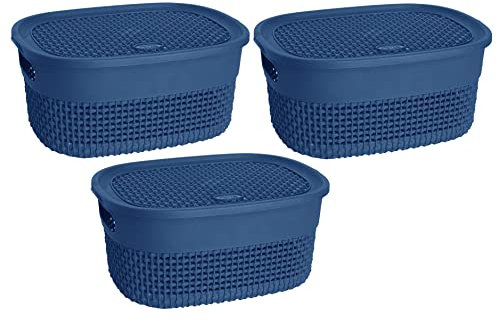 Set of 3, Blue Colour 4 Litre Small Plastic Storage Basket with Lid and Handle Knit Design ETC Basket Oval Shaped Plastic Storage Box for Organizing Smaller Items Like Stationary, Art & Craft Supplies
