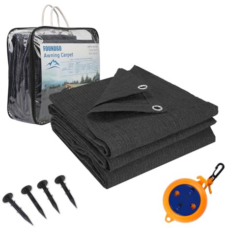 FoundGo Vorzeltteppich mit Ösen [280g/m² HDPE] Camping Teppich Outdoor Vorzeltboden inkl. Tragetasche 8 Stahlnägel & Wäscheleine Anthrazit