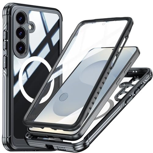 Miimall Handyhülle für Samsung Galaxy S25 Hülle 360 Grad für MagSafe, Ultra Dünn Panzerhülle mit Displayschutz Stoßfest Schutzhülle Magnet Slim Bumper Transparent Cover für Galaxy S 25 5G Case Schwarz