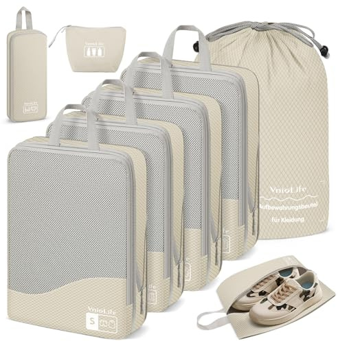 VnioLife Compression Packing Cubes 8 Stück, Packwürfel Kompression, Koffer Organizer Kompression, Packtaschen Wasserdichte, Packing Cubes Backpack, Reise Organizer Set (Beige)