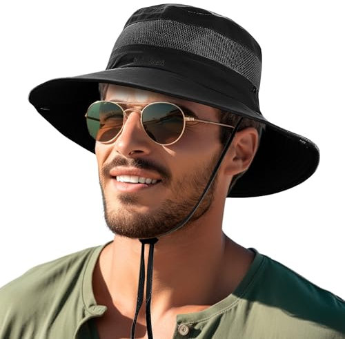 TCRZHHRX Sonnenhut Damen Herren, Safari Hut Unisex, Wanderhut Herren, Faltbarer Sonnenhut, Anglerhut mit Verstellbarem Kinnband, Mesh, UV - Schutz, Atmungsaktiv für Aktivitäten wie Wandern, Angeln