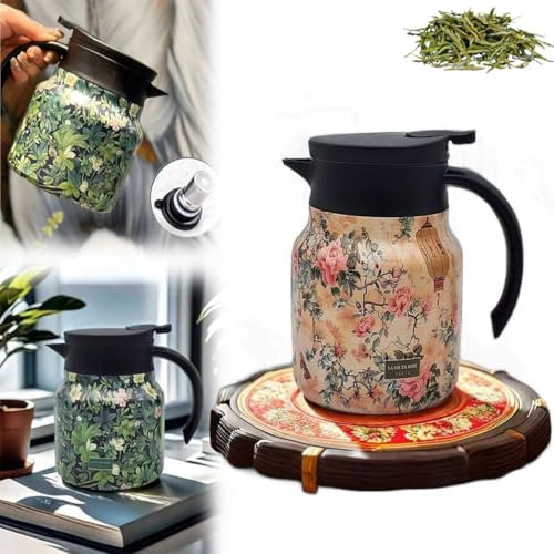 Vintage Floral Pattern Insulated Teapot – Built-in Infuser, 2025 New Mini Hot Coffee Pot, Office Stainless Steel Vacuum Flask, 1000ml Portable Bottle for Hot & Cold Drinks (Pink)