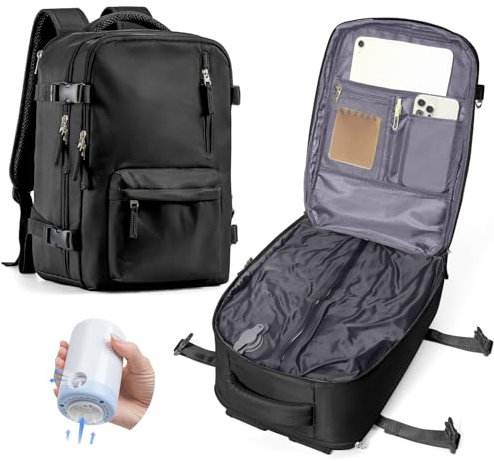 Zaino Sottovuoto Viaggio Con Pompa Zaino Ryanair 40x30x25 Aereo Bagaglio a Mano Zaini 14 Pollici Porta PC Casual Impermeabile Daypack Borsa da Cabina per Donna Uomo Nero