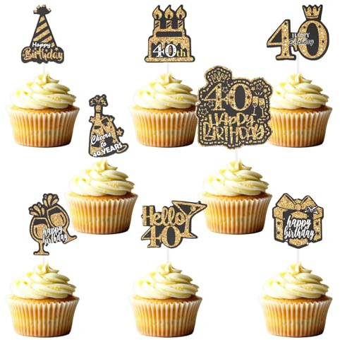 ALLY-MAGIC 40th Birthday Cupcake Toppers, 16 PCS Black Gold Glitter Cupcake Toppers, Birthday Decorations for 40th Birthday Party Anniversary Party Cake Decorations Supplies A11HJSRDGCP40