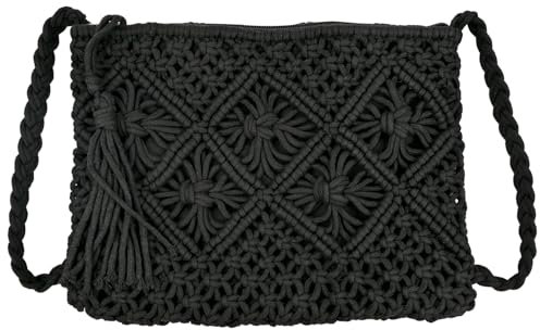 VLYX Bolso bandolera tejido a mano para mujer, bolso bandolera de paja para playa, diseño con cremallera, bolso portátil multiusos para playa, viajes y uso diario - Negro