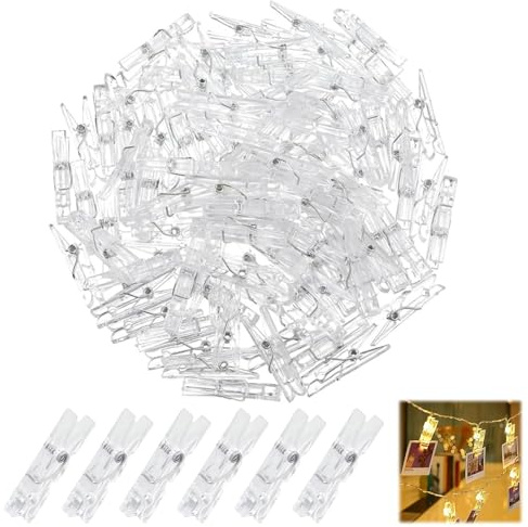 DEFIYEAR Lot de 150 mini pinces à linge transparentes en plastique transparent - Petites pinces pour suspendre des photos - Guirlande lumineuse