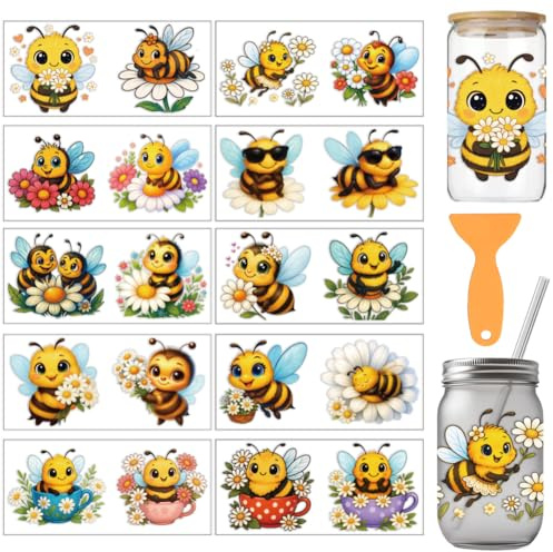 arricraft 10 hojas de papel UV DTF para vasos de 473 ml, diseño de abejas de dibujos animados, margaritas, corazones, tazas de té, calcomanías de transferencia de PVC para tazas de bricolaje, muebles