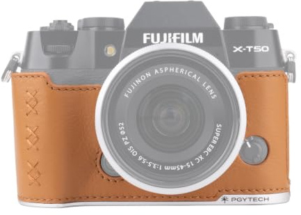 PGYTECH Half Leather Camera Case for Fujifilm, Vintage Protective Cover | For Fujifilm X100VI, Aluminum Alloy Base, Built-in SD Card Storage, 1/4-20 Socket for Tripods, Strap Attachment Hole, Brown