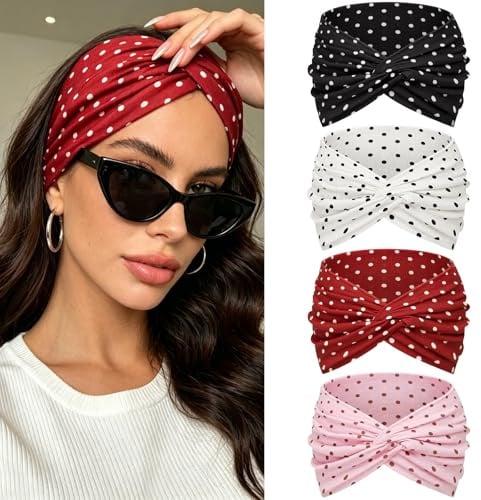 Kavya Bandeau Cheveux Femme Serre Tête 4 Pièces – 7'' Extra Large Élastique Boho Multicolore, Bandana Foulard Cheveux Femme Headband Accessoires Cheveux Mode pour Yoga, Sport & Running (rose)