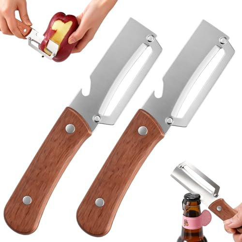 LTFIOON 2 Pelador de Verduras Multifuncional Premium para Cocina, Pelador Multifuncional 2 en 1, Mango de Madera y Abre Botellas, Stainless Steel Peeler para Patatas, Frutas y Verduras