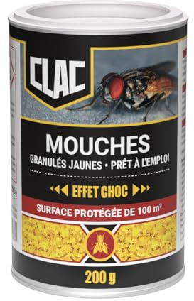 Clac® Anti Mouches Granulés Jaunes 200g - Insecticide Mouches Puissant Intérieur – Tue Mouches Rapide avec Appât Ultra Attractif – Sans Spray, Utilisation Facile en Coupelle – Choc & Longue Durée