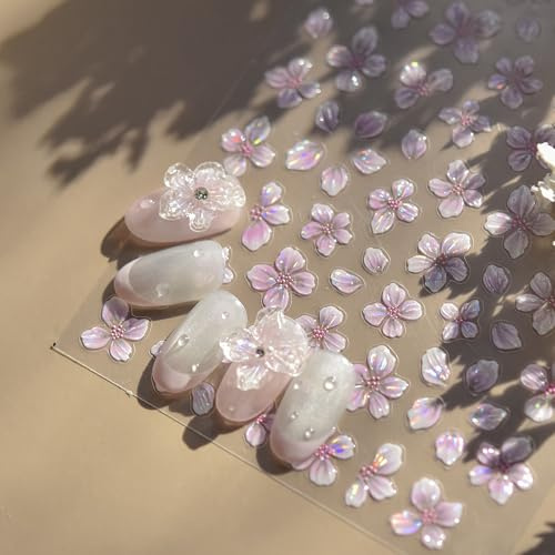 3D Embossed Aurora Pearl Flower Nail Art Stickers 1 Sheet Pink | Holographic Shimmer 5D Floral Decals, Self-Adhesive Nail Charms for UV Gel/Acrylic Nails, DIY Summer Nail Design Accessories