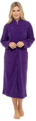 Ladies Warm Fleece Long Sleeve Button & Pockets Front Soft Dressing Gown Jacket (18-20, Purple)