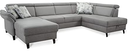 Cavadore Wohnlandschaft Ammerland mit Federkern, U-Form mit Longchair links und Ottomane rechts, inkl. Kopfteilverstellung, 317 x 84 x 193, lederoptik hellgrau
