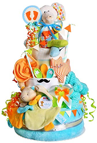MomsStory – Windeltorte Junge | Windelgeschenk Elefant | Baby-Geschenk zur Geburt Taufe Babyparty | Babytorte 3 Stöckig (Türkis-Orange) XXL Geburtsgeschenk