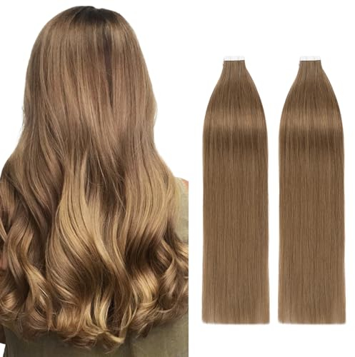 Silk-co Tape in Extensions Echthaar 40stk, Remy Tape Extensions Echthaar, Skin Weft Haarextensions Kleber Tape in Haarverlängerung 80g 06# Hellbraun 35cm