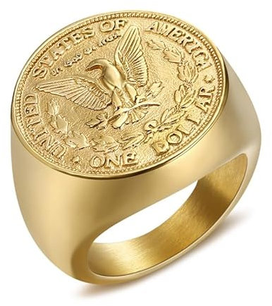 BOBIJOO JEWELRY - Chevalière Bague Homme Pièce Morgan 1887 One Dollar USA In God We Trust Acier Or Plaqué Doré - 21,6 (12 US)
