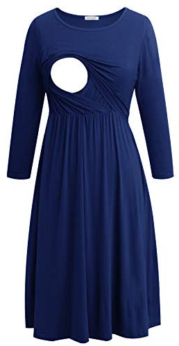 Smallshow Nursing Dresses 3/4 Sleeve Maternity Breastfeeding Dress for Women Navy XL