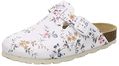 AFS-Schuhe 2900 Clogs Damen Bequeme Hausschuhe mit Fußbett aus Leder Made in Germany (40 EU, Weiss-Flower)