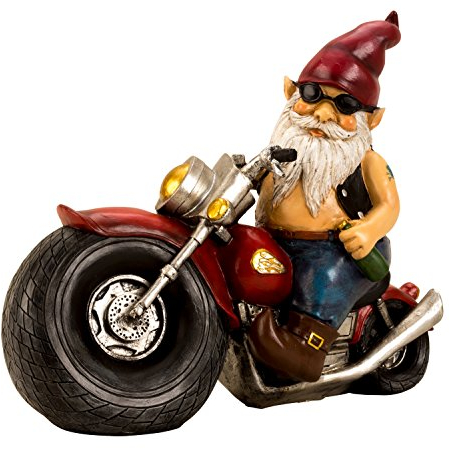 Mel-O-Design Gartenzwerg auf einem Motorrad, Höhe 28 cm, Breite 35 cm, Grau, Kunststein, Humorvoll, Outdoor, Bodenmontage
