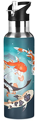 Vnurnrn Koi Carps Japanese Fish Insulated Water Bottle with Straw Sport Stainless Steel Vacuum Flask BPA Free Travel Mug