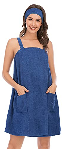 Jamron Donna Regolabile Abito Asciugamano da Bagno con Fascia per Capelli per Doccia Sauna Spa & Coperture da Spiaggia Blu Marino M