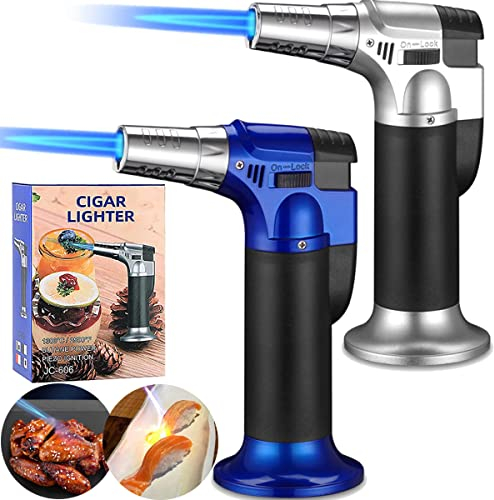 XWFEU, 2 cannelli da cucina al butano, ricaricabili, con blocco di sicurezza e regolazione della fiamma, per dessert, crème brûlée, barbecue, prodotti da forno (butano non incluso) (argento, blu)