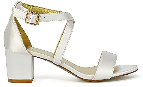 ESSEX GLAM Womens Strappy Sandals Block Mid Low Heel Ladies Ankle Strap Party Evening Shoes Size 3-8 (6 UK, Ivory Satin, numeric_6)