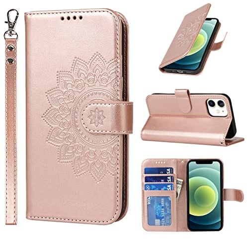 ELTEKER Wallet Case for iPhone 12 Mini, PU Leather Case with with [Creadit Card Holder] [Kickstand] Magnetic Shockproof Flip Cover Wallet Phone Case for iPhone 12 Mini (5.4 Inch)- Rose Gold