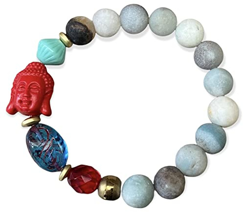 Armband mit Flower Amazonit Perlen, böhmischen Glasperlen & Buddha - türkis, rot, matt golden/Buddhaarmband, Hämatit, Yoga - Yogaarmband