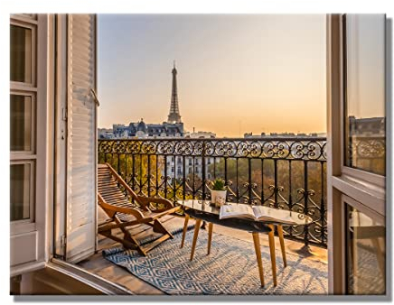 Leinwandbild Window View Paris | Fensterblick | 60 x 80 cm Querformat | Bild auf Leinwand | Paris Frankreich Aussicht Ausblick Eiffelturm | Deko Einrichtung | modern elegant | Wohnzimmer Schlafzimmer