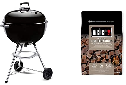 Weber Bar-B-Kettle Holzkohlegrill, 57 cm Durchmesser, Schwarz (1331004) & 17612 Anzündwürfel braun, ohne Zusatzstoffe, 48 Stück