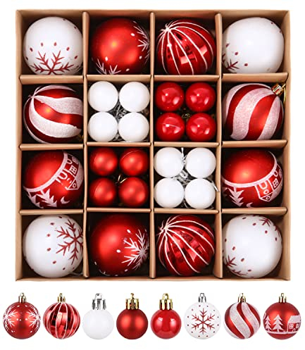 FAOKZE Christbaumkugeln Set,44 Stücke Weihnachtskugeln Kunststoff Set, Baumschmuck Weihnachten Weiße Weihnachtskugeln, Weihnachtskugeln Rot