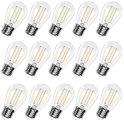 Spacelumen 15 Pack 2W E27 Screw Plastic S14 LED Light Bulb, Shatterproof & Waterproof 2700K Warm White Outdoor String Lights Bulbs