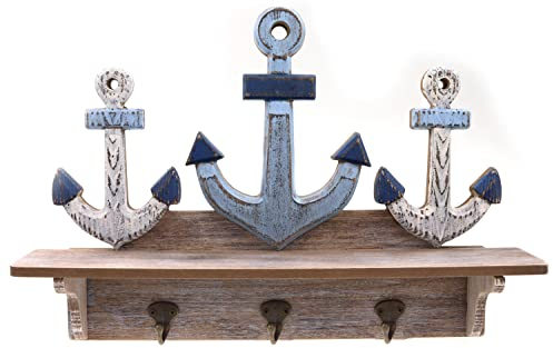 itsisa Garderobe Kleiderhaken Anker L:47 cm aus Holz mit Ablage - Maritime Deko, Hakenleiste (als Handtuchhalter), Kleider Haken, Garderobenhaken, Wandgarderobe