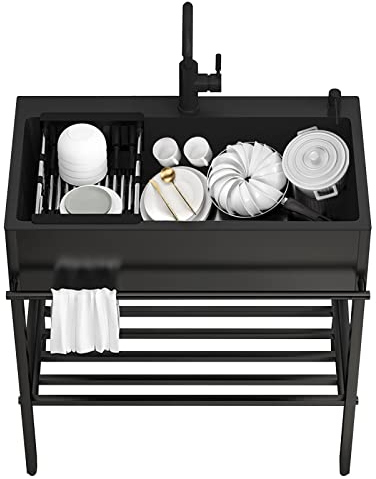 WORDFUN Fregadero De Acero Inoxidable Independiente, Negro, Fregadero Utilitario De Preparación De Cocina, Jardin Portatil con Grifo, Mueble Pila Lavadero, Fregadero Multiusos De Un Seno