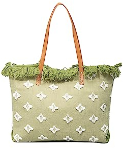 CORIOS Damen Canvas Handtasche Böhmische Tote Beutel Sommer Strand Tasche Quasten Schultertasche Große Henkeltaschen Bunte Gestrickte Tasche für Reise Urlaub Strand Täglicher Gebrauch Hellgrün