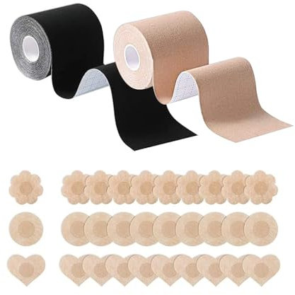 2 Rollen Klebe BH Push Up Boob Brust Tape Bruststraffungsband für Große Brüste BH Rückenfrei Trägerloser Damen mit 15 Paar Brüste Nippelpads Nippelabdeckung Body Tape Boobytape für Abendkleider