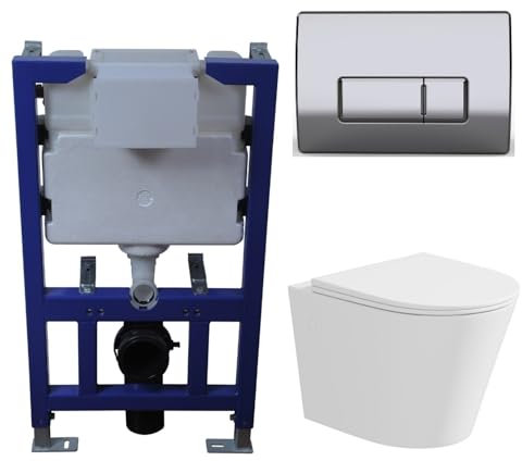 Verona Matt White Wall Hung Rimless Toilet with Soft Close Seat Chrome Pneumatic Flush Plate 820mm Frame & Cistern