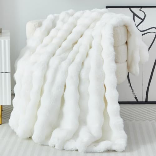 Kuscheldecke Kaninchen Plüsch Flauschige Decke Soft Wohndecke Dick 1000GSM Flanell Decke Couchdecke Warme Überwurfdecke Sofadecke Vielseitig Blanket Für Bett Sofa Schlafzimmer Büro Weiß 130x160cm
