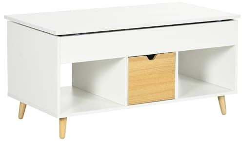 HOMCOM Table Basse de Salon rectangulaire avec Plateau relevable, 1 tiroir, 2 niches et tiroir - Effet Bois Clair et Blanc - dim.100L x 50l x 49H cm